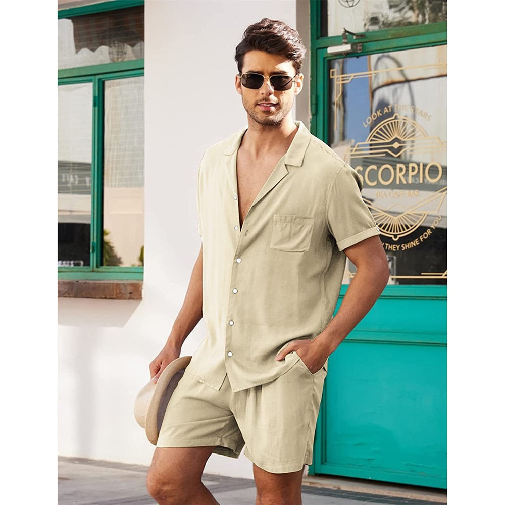 Bonsir Summer Cotton and Linen Men Suit Short Sleeve Shorts Solid High Quality 2 Piece Beach Outdoor Travel Casual Breathable  Blazer