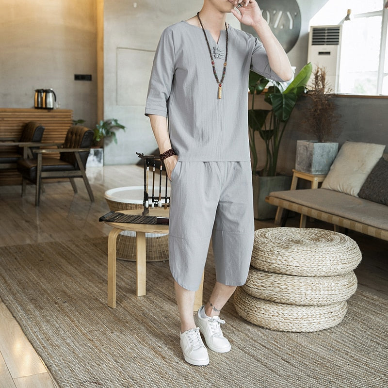 Bonsir Japanese Style Suits Kimono Short-Sleeved T-shirt Pants Two Piece Men Tops Trousers Male Japan Harajuku Yukata Cardigan Costume