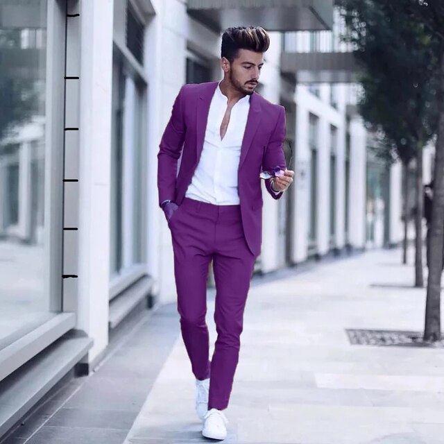 Bonsir Latest Design Mens Luxurious Business Men's Suit for Wedding Party Tuxedos Slim Fit Peak Lapel Pink Suits Male(Jacket+Pants)