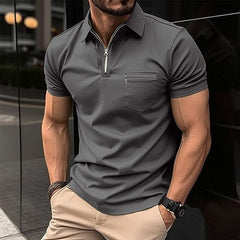 Bonsir Casual Slim Short Sleeve Lapel T-shirts Men Fashion Zipper Design Polo Shirt Summer Leisure Pure Color Slim Tops Mens Shirt