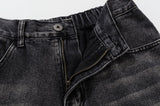 Bonsir Distressed Embroidery Pockets Elastic Waist Retro Jeans Pants Men and Women Straight Washed Casual Baggy Denim Trousers