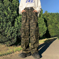 Bonsir American Retro Loose Cotton Hip-hop Camouflage Overalls Men's Street Y2K Multi-pocket Straight Wide-leg Casual Trousers Trendy