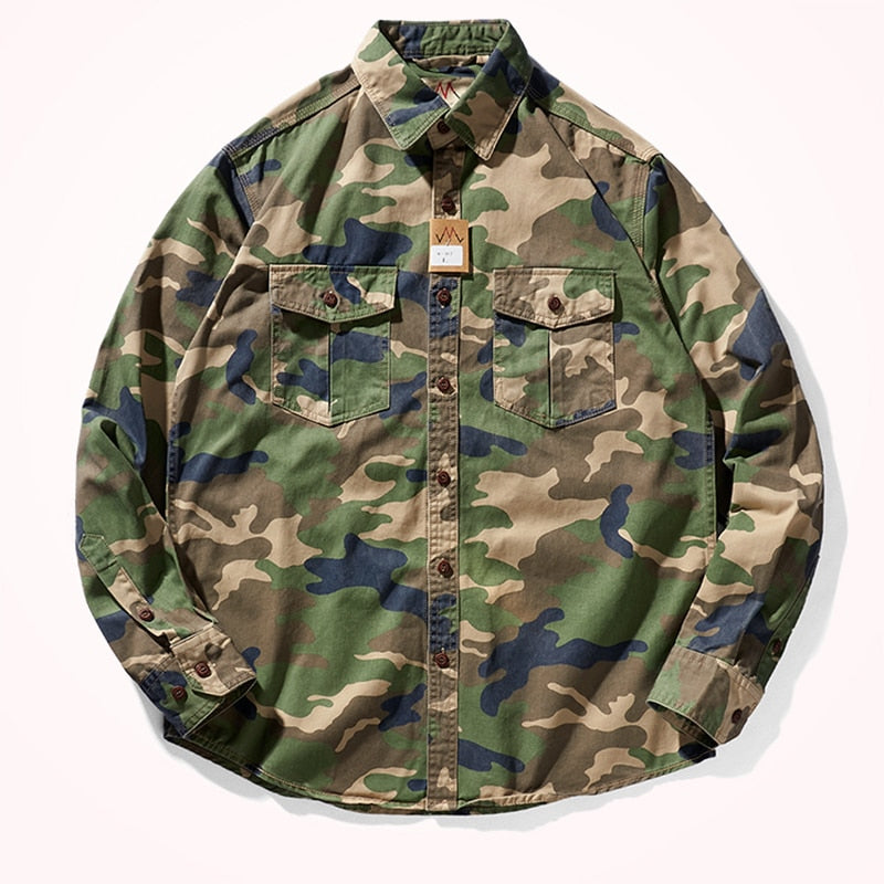 Bonsir Military Style Camouflage Shirt Men Spring Fall New Fashion Multi Pocket Cargo Blouse Vintage Casual Loose Versatile Cotton Tops