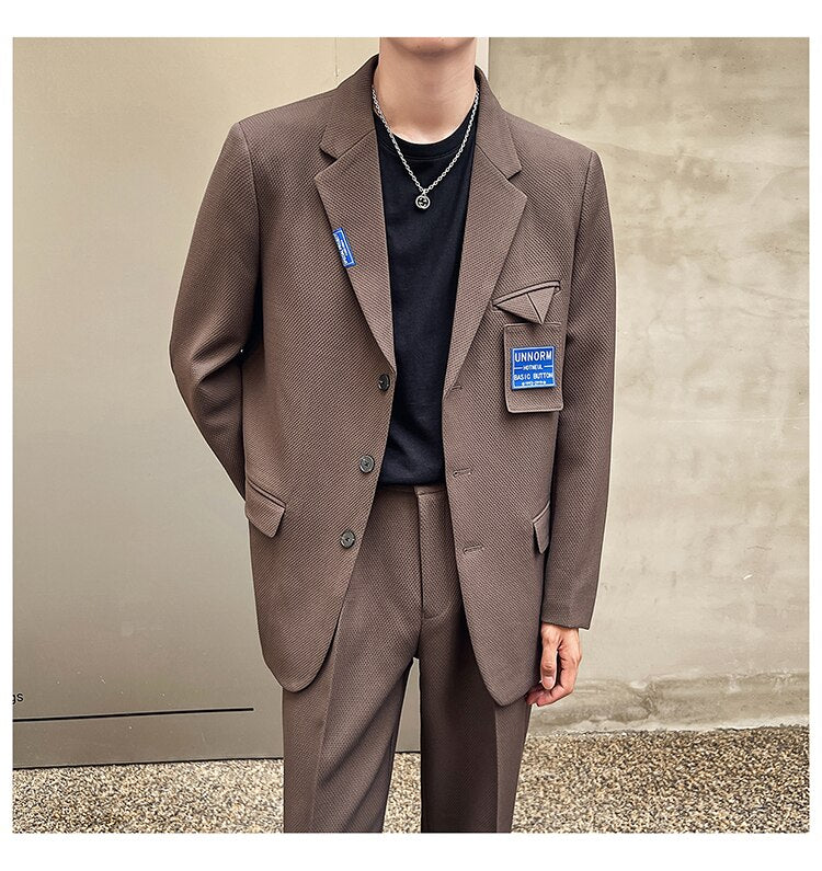 Bonsir Mens Suits Sets Jacket Pant Men Korean Streetwear Office Fashion Loose Casual Blazer Suit Jacket Pant Chic Trend Dress Suits