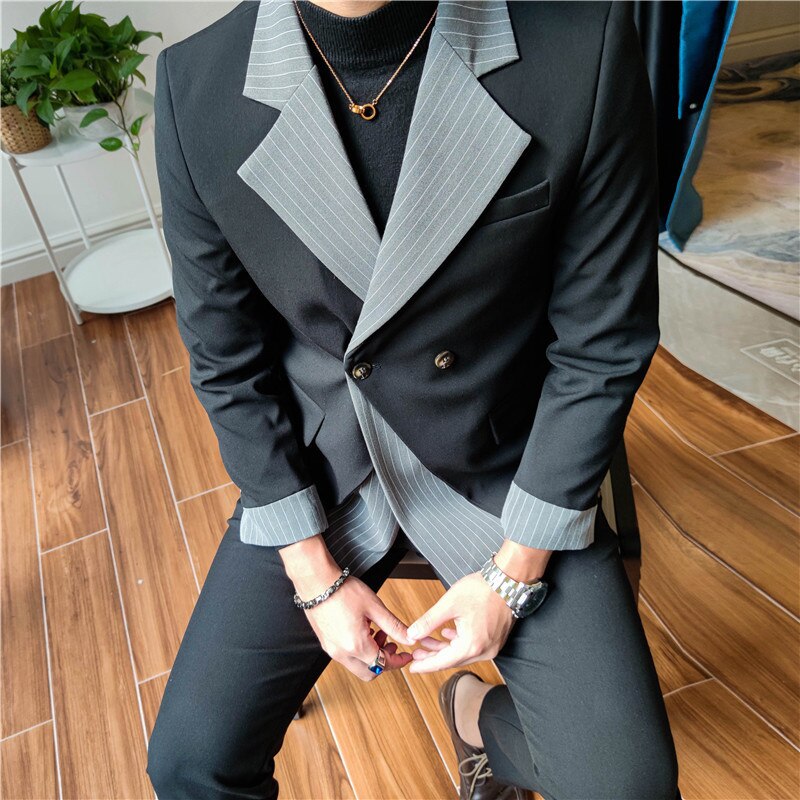 Bonsir Korean Patchwork Suit 2 Piece Suit Blazer Men Suit Set Slim Fit Tuxedo Suit Blazer Suit Men Stylish Blazer Stage Party Club