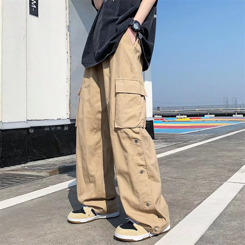 Bonsir  New Men Cotton Cargo Pants Harajuku Style Straight Casual Pants for Men  Solid Big Pockets Loose Wide Leg Design Trousers