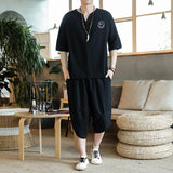 Bonsir Japanese Style Suits Kimono Short-Sleeved T-shirt Pants Two Piece Men Tops Trousers Male Japan Harajuku Yukata Cardigan Costume