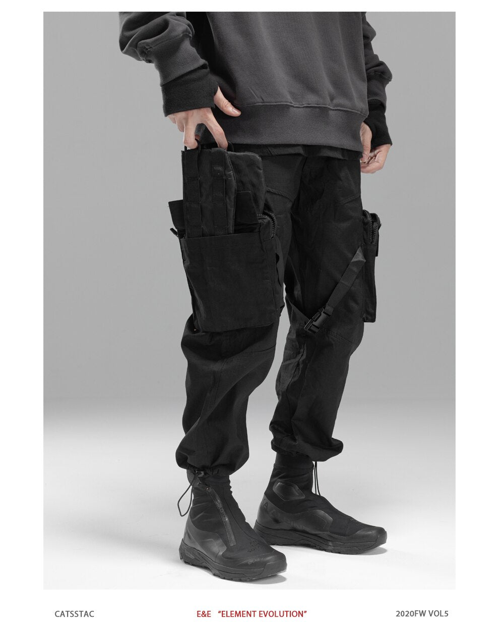 Bonsir Men's Drawstring Pants Side Pockets Loose Techwear Trousers Mechanical Pocket Ribbon Jogger Pants