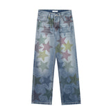 Bonsir High Street Color Stars Full Print Washed Jeans Pants Men's Straight Pocket Retro Patchwork Baggy Casual Denim Trousers Oversize