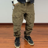 Bonsir Fashion Streetwear Cargo Pants Men Vintage Multi Pockets Loose Solid Corduroy Pants Mens Autumn Casual Zipper Mid Waist Trouser