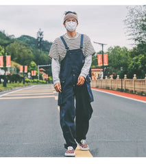 Bonsir Men's Retro Designer Overalls Workwear Sling Korean Loose Wide Leg Jumpsuit Streetwear Solid Color Men's Clothing