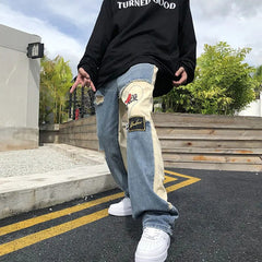 Bonsir Vintage Patchwork Hip Hop Mens Pants American Retro Designer Ripped Jeans Y2k Streetwear Loose Male Daily Casual Baggy Trousers