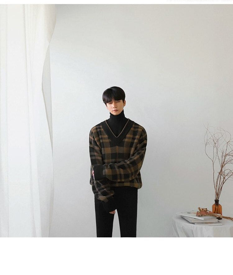 Bonsir Korean Fashion Vintage V-neck Plaid Sweater Male Autumn and Winter Casual Loose Men's V-neck Knitted Sweater for Men Pullover