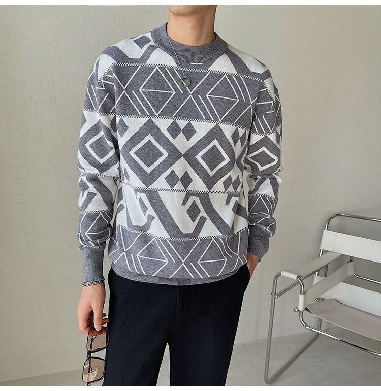 Bonsir  Korean Style Fashion Diamond Printing Sweater Mens Pullover Sweater Pull Homme Autumn Sweater For Men Knitted Round Neck Sweater