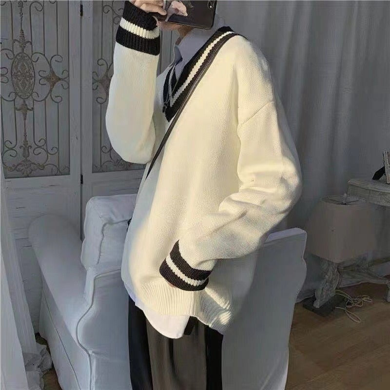 Bonsir Couple's Clothes Autumn Men's Wool Sweater Loose Coats Student Black Color Pullover V-neck Cardigan Cashmere Knitting