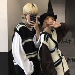 Bonsir Couples Knitted Sweater Vest Japanese Pullover Retro Men Korean Fashion Loose Stripe Loose Casual Harajuku V Neck Golf Vest Men