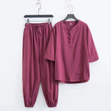 Bonsir Spring Summer New Men's Fashion Casual Solid  Short Sleeve T-Shirt Pant Suit Men High-Quality Cotton And Linen Two-Piece Set 5XL