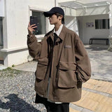 Bonsir Men's Workwear Cargo Black/brown Coat Fashion Trend Loose Streetwear Jacket Handsome Clothes Lapel Collar Outerwear M-2XL