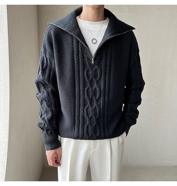 Bonsir High Quality Large Lapel Pullover Sweater Black White Coarse Zipper Knitted Sweater For Men Pull Homme Men Winter Sweater Brand