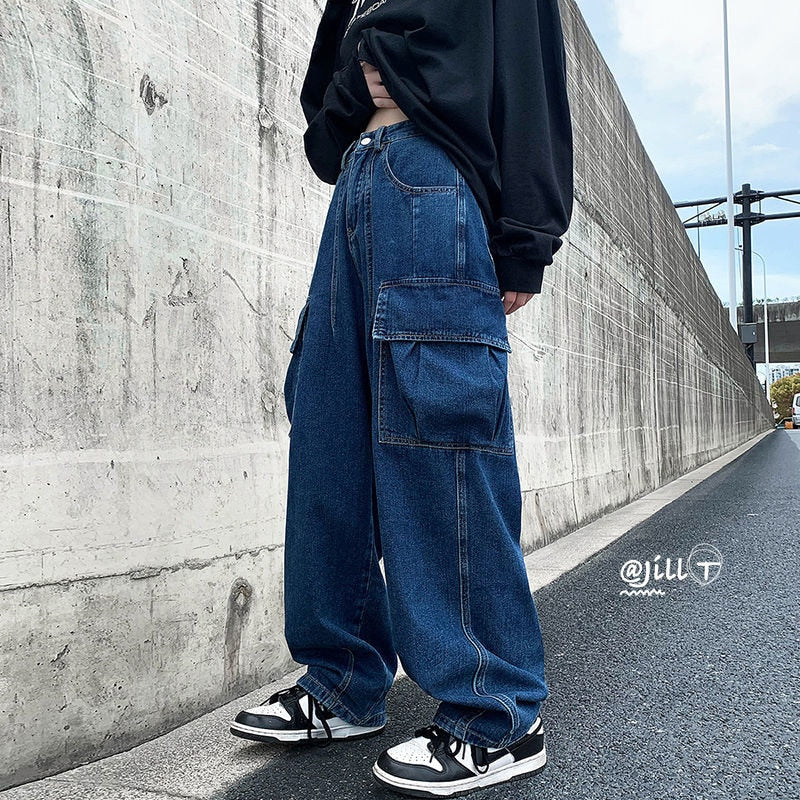 Bonsir American Men's Wide Leg Jeans Fashion Brand Y2K Male Cargo Denim  Pants Solid Color Vintage Large Size Trousers - DenimBlue / L