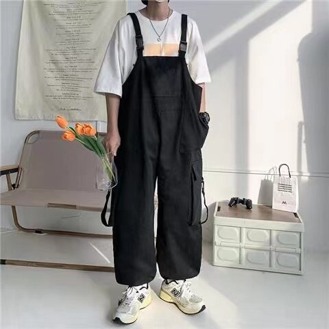 Bonsir  Men's Fashion Oversized Overalls College Style Salopettes Romper Jumpsuit Grey/black Color Casual Pants Loose Work Trousers