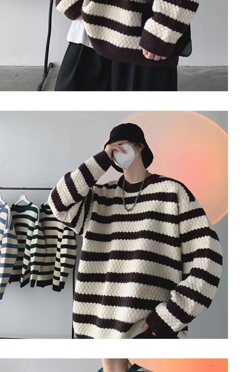 Bonsir Winter Men's Stripe Printing Coats Round Neck Wool Sweater Retro Loose Pullover Fashion Trend Thickened Knitting M-2XL