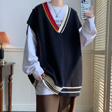 Bonsir Oversize Sweater Vests Men Patchwork V-neck Striped Big Size 5XL Preppy Style Couple Soft Knitwear Leisure Sleeveless Jumpers