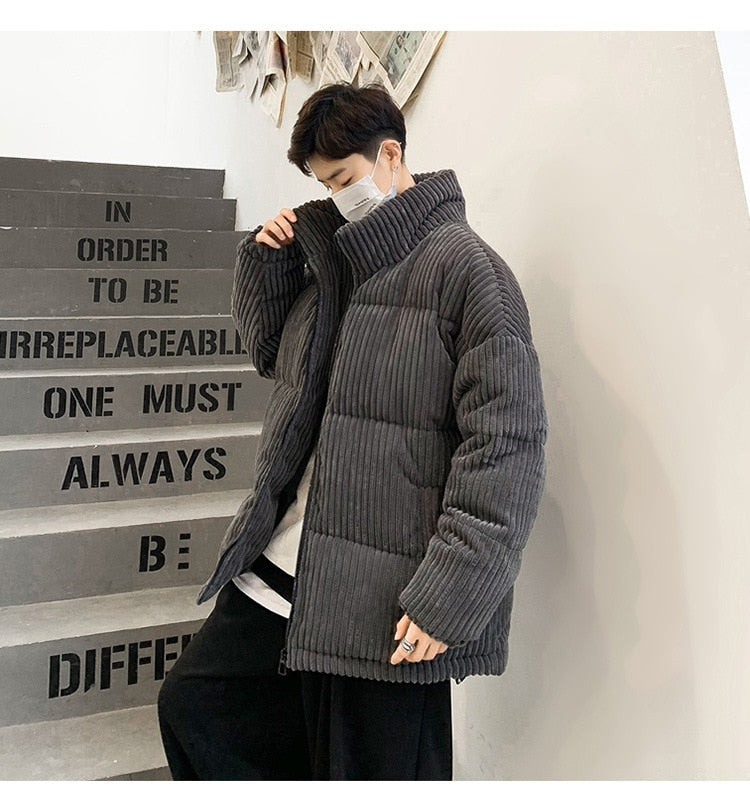 Bonsir Corduroy Winter Coat Men Puffer Jacket Autumn and Winter New Korean Style Long Ladies Over-the-knee Cotton Padded Keep Warm