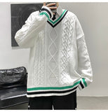Bonsir Winter V-neck Sweater Men New Patchwork Color Knitted Sweater Pullover Harajuku Couple Streetwear Loose Knitwear Oversized 2XL