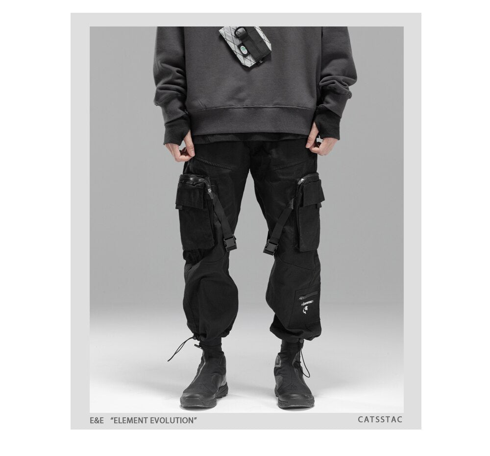 Bonsir Men's Drawstring Pants Side Pockets Loose Techwear Trousers Mechanical Pocket Ribbon Jogger Pants