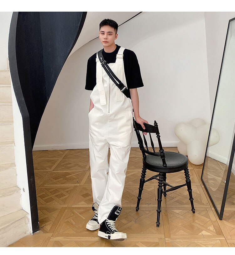 Bonsir Men's Loose Casual Overalls Pants Men Korean Japan Korean Streetwear Fashion Black White Bib Pant Male Cargo Jumpsuit Trousers