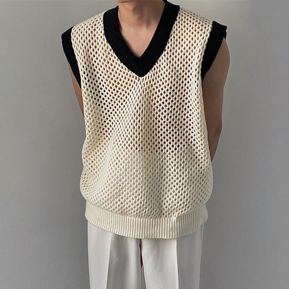 Bonsir Contrasting Color V-neck Knitted Sweater Vest Men's Spring Casual Sleeveless Tank Top Hollow Loose Tee Trendy Streetwear Unisex