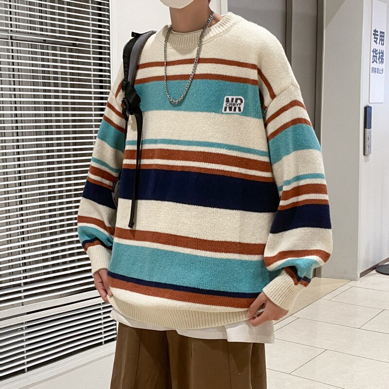 Bonsir Stripe Contrast Sweater Men's Autumn and Winter Fashion Brand Trendy Loose Round Neck Pullover Knitwear Sweater Coat