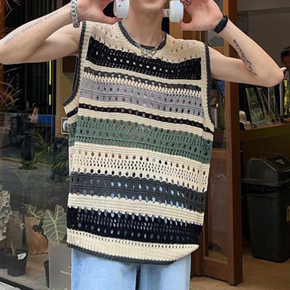 Bonsir Fashion Knitted Vest Y2k Streetwear Trend Hollow Sleeveless Top Men's Striped Contrast Color Loose Tank Tops Genderless Clothing