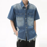 Bonsir High Street Men's Fashion Burrs Hole Denim Shirts Vintage Niche Desian Male Casual Short Sleeve Lapel Cardigan Coat