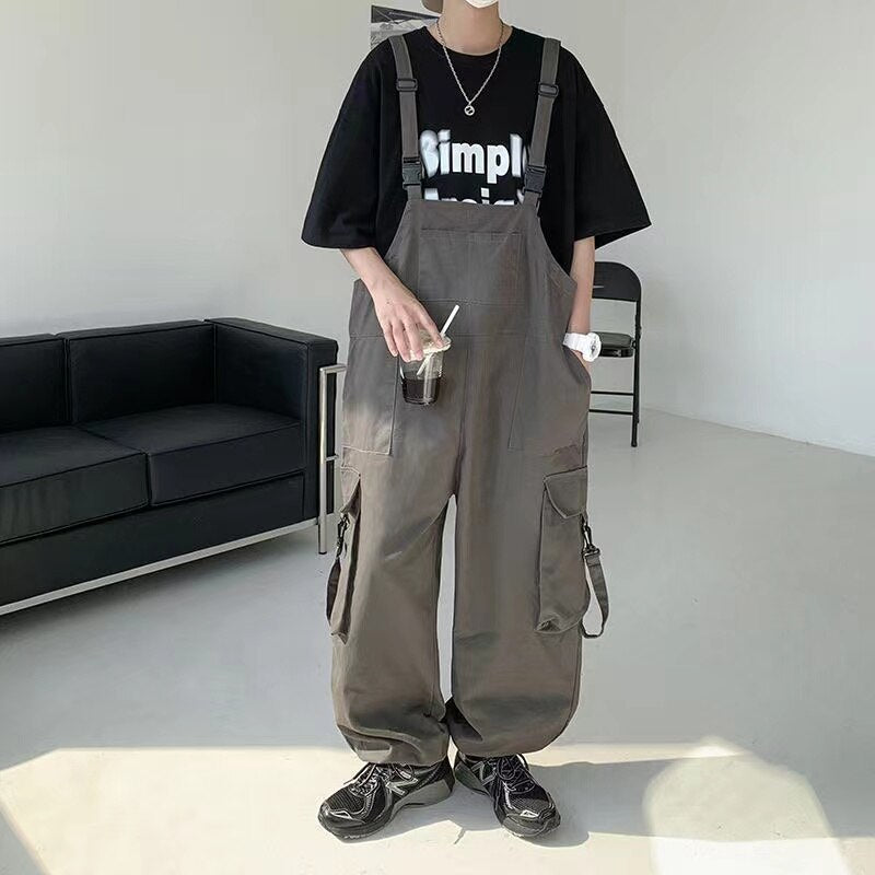 Bonsir  Men's Fashion Oversized Overalls College Style Salopettes Romper Jumpsuit Grey/black Color Casual Pants Loose Work Trousers