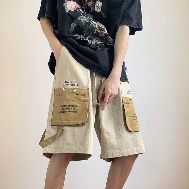 Bonsir Cotton Overalls Shorts Men's Summer Ins Loose Japanese Pants Design Sense Oversize Five-point Pants Korean Fahion