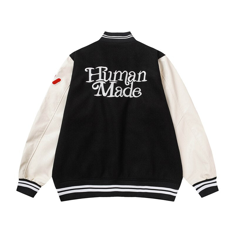 Bonsir Girls Don't Cry Letter Flocking Contrast Color Baseball Jackets for Men and Women Retro Stand Pu Leather Sleeve Winter Coat