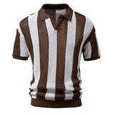 Bonsir Summer Net Shirt Hollow Short Sleeve Fishing Net Shirt Fashion Men's Striped Polo Shirt