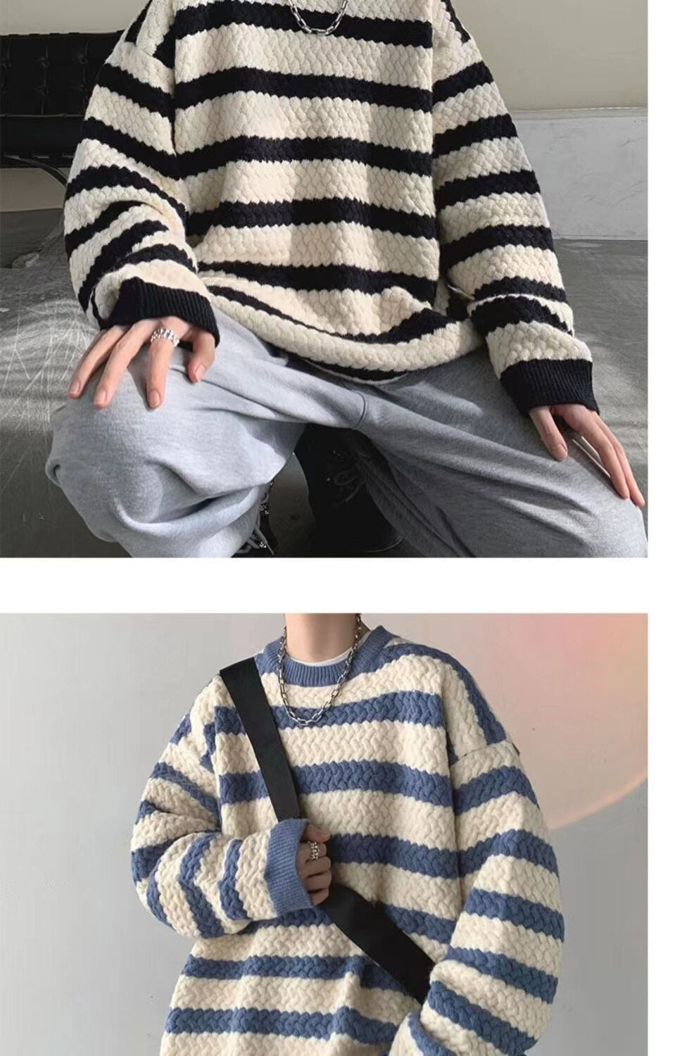 Bonsir Winter Men's Stripe Printing Coats Round Neck Wool Sweater Retro Loose Pullover Fashion Trend Thickened Knitting M-2XL