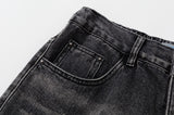 Bonsir Distressed Embroidery Pockets Elastic Waist Retro Jeans Pants Men and Women Straight Washed Casual Baggy Denim Trousers