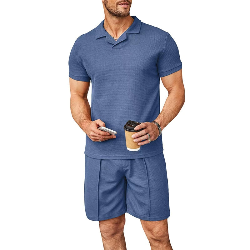 Bonsir Leisure Solid Color Ribbed Two Piece Sets Men Fashion Short Sleeve Lapel Polo Shirts And Shorts Suits For Men's Summer Clothing