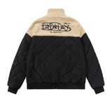 Bonsir Winter Vintage Embroidery Lamb Fleece Cotton Jacket Men's Loose Splice Color Rhombic Thick Warm Cotton Coat for Men
