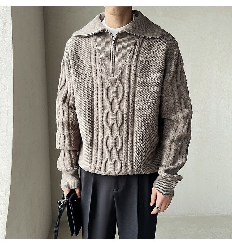 Bonsir High Quality Large Lapel Pullover Sweater Black White Coarse Zipper Knitted Sweater For Men Pull Homme Men Winter Sweater Brand