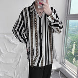 Bonsir Bonsir Autumn High-end Long Sleeve Shirt for Men Chain Printing Loose Casual Trend Retro Ice Silk Drape Design Striped Shirt