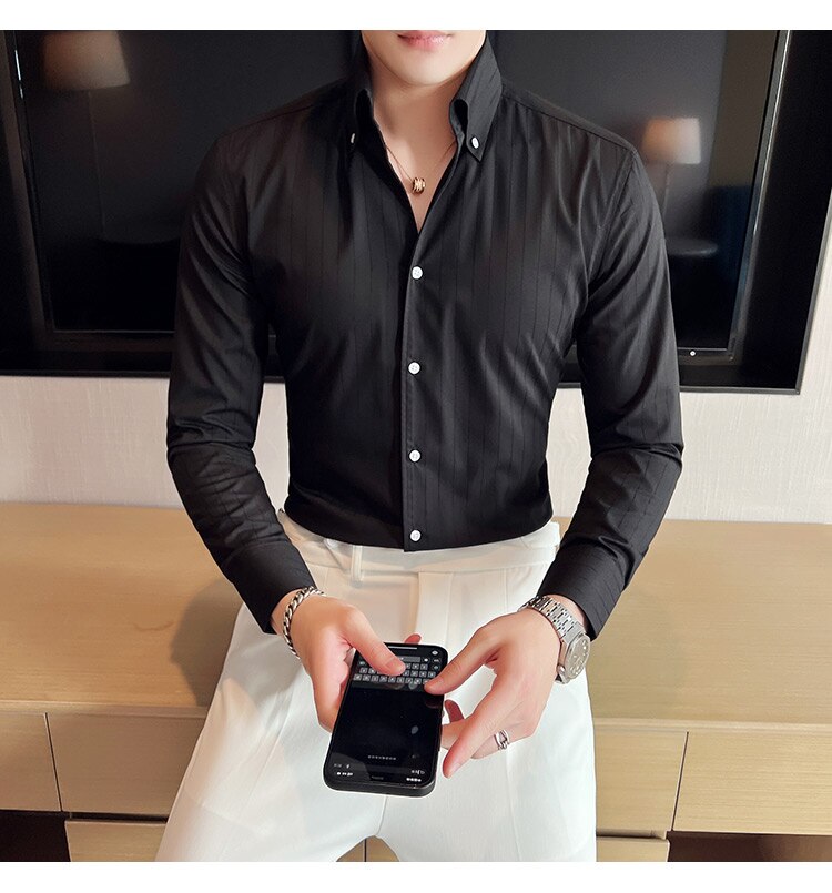 Bonsir British Style Striped Shirts Men V Collar Long Sleeve Casual Shirt Male Business Formal Dress Shirts Social Party Blouse