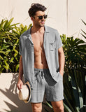 Bonsir Summer Cotton Linen Shirt Set Men&#39;s Casual Outdoor 2-Piece Suit Andhome Clothes Pajamas Comfy Breathable Beach Short Sleeve Sets