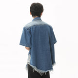 Bonsir High Street Men's Fashion Burrs Hole Denim Shirts Vintage Niche Desian Male Casual Short Sleeve Lapel Cardigan Coat