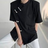 Bonsir Men's Irregular New Chinese Style Disc Button Short Sleeve Shirt Summer Fashion Man Fashion Casual Blouse Turtleneck Tops Tee