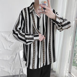 Bonsir Bonsir Autumn High-end Long Sleeve Shirt for Men Chain Printing Loose Casual Trend Retro Ice Silk Drape Design Striped Shirt